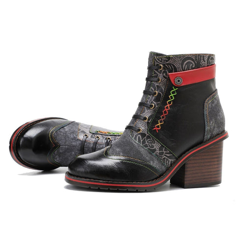 Retro Patchwork Color Contrast Comfort Block Heel Booties