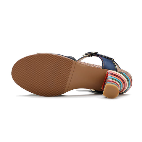 Retro Handmade Colored Stripe Heel Comfy Sandals