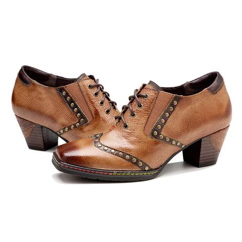 Leather hand-rubbed retro rivet lace-up chunky heel high-heeled women's Heels