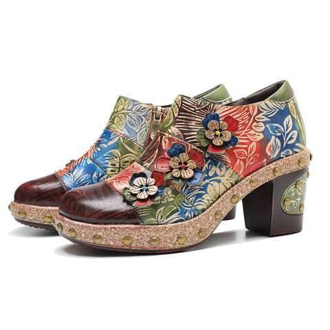 Retro Floral Handmade Rivet Comfort Block Heel Pumps