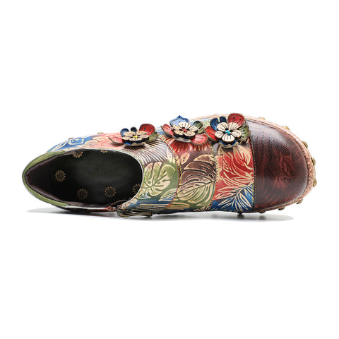 Retro Floral Handmade Rivet Comfort Block Heel Pumps