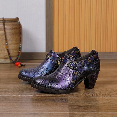 Retro Floral Embossed Round Toe Pumps