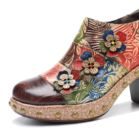 Retro Floral Handmade Rivet Comfort Block Heel Pumps