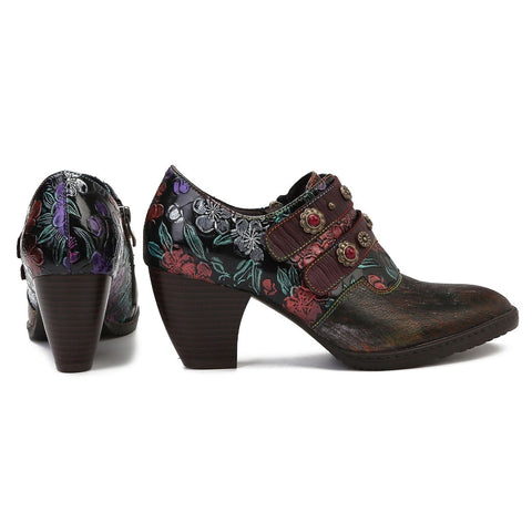 Retro Floral Embossed Square Toe Pumps