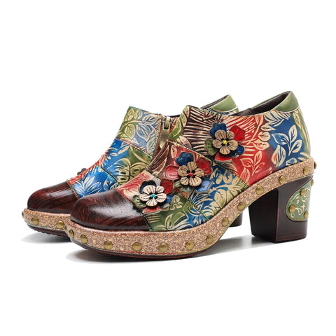 Retro Floral Handmade Rivet Comfort Block Heel Pumps