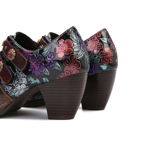 Retro Floral Embossed Square Toe Pumps