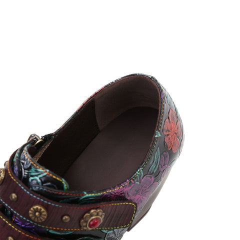 Retro Floral Embossed Square Toe Pumps