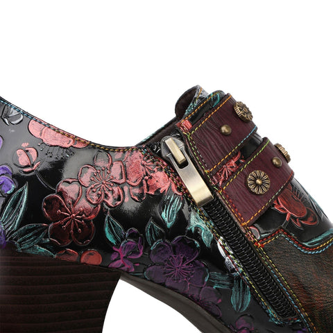 Retro Floral Embossed Square Toe Pumps