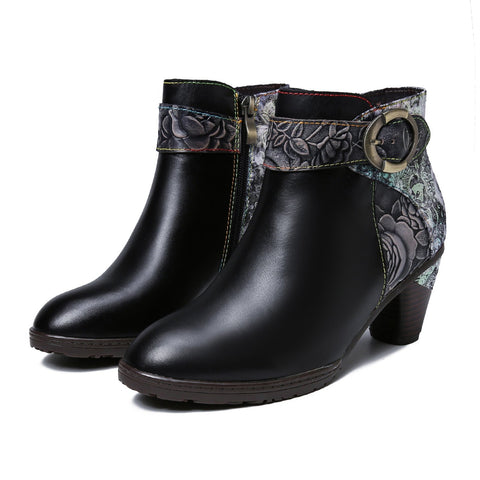 Handmade Floral Embossed Ankle Boots
