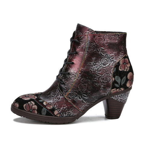 Retro Leather Embossed Comfy Ankle Boots