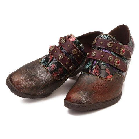 Retro Floral Embossed Square Toe Pumps