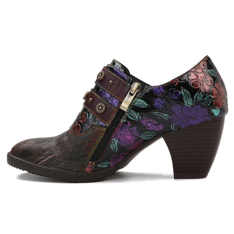 Retro Floral Embossed Square Toe Pumps