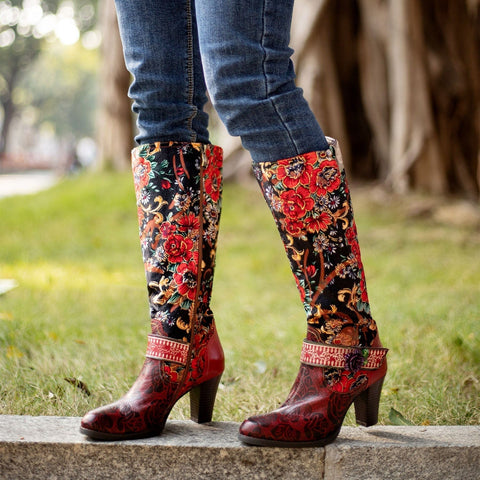 QueenBoho Handmade Floral Embossed Embroidery Elegant Boots