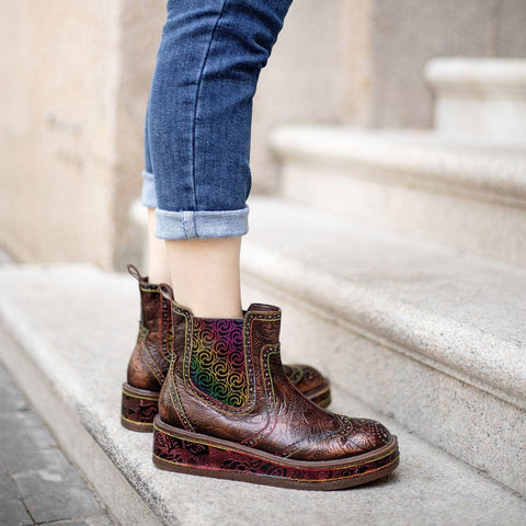 QueenBoho Retro Leather Comfy Casual Ankle Boots