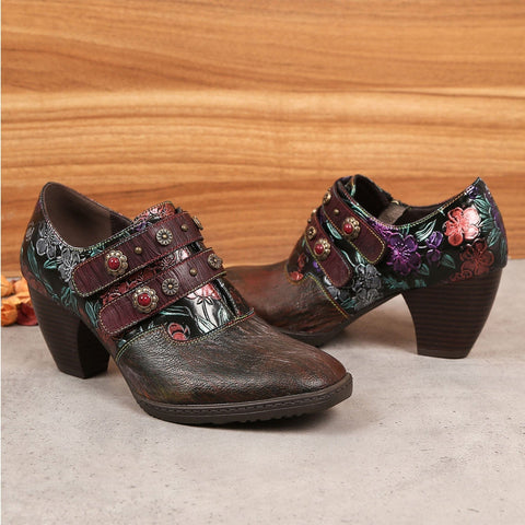 Retro Floral Embossed Square Toe Pumps