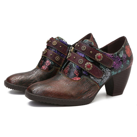 Retro Floral Embossed Square Toe Pumps