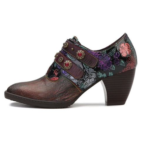 Retro Floral Embossed Square Toe Pumps