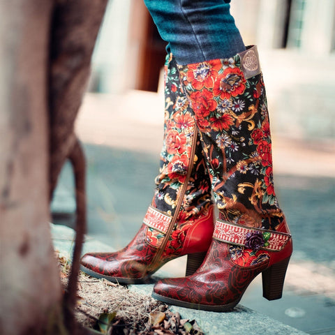 QueenBoho Handmade Floral Embossed Embroidery Elegant Boots