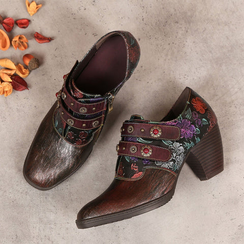 Retro Floral Embossed Square Toe Pumps