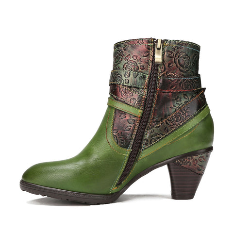 Handmade Floral Embossed Ankle Boots