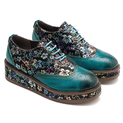 Hand Painted Leather Floral Platform Brogue (Stella)