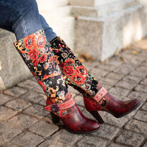 QueenBoho Handmade Floral Embossed Embroidery Elegant Boots