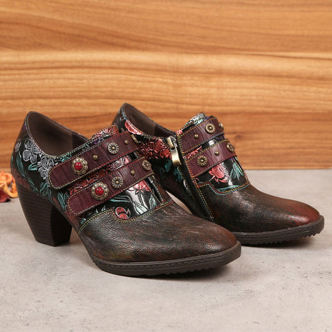 Retro Floral Embossed Square Toe Pumps