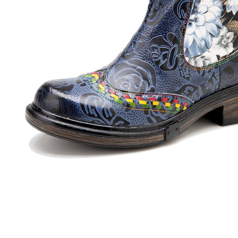 QueenBoho Classic Flower Embossed Chunky Heel Ankle Boots