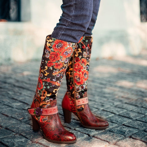 QueenBoho Handmade Floral Embossed Embroidery Elegant Boots
