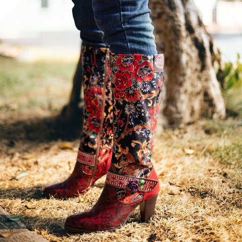 QueenBoho Handmade Floral Embossed Embroidery Elegant Boots