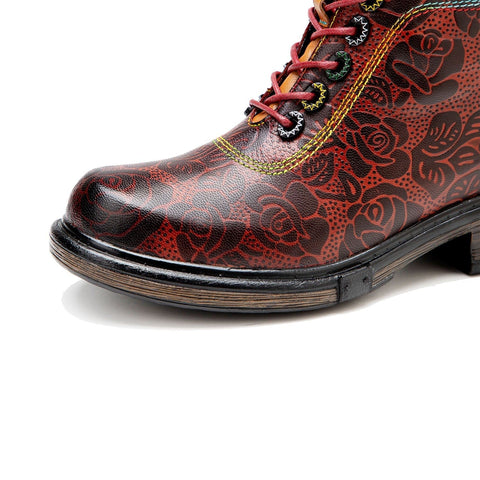 Retro Flower Embossed Chunky Heel Ankle Boots