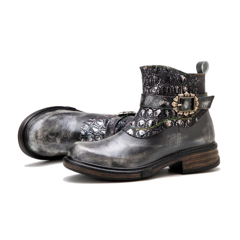 Retro Patchwork Metallic Low Heel Ankle Boots