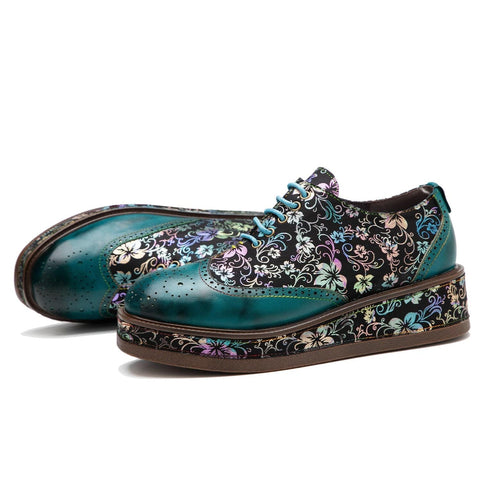 Hand Painted Leather Floral Platform Brogue (Stella)