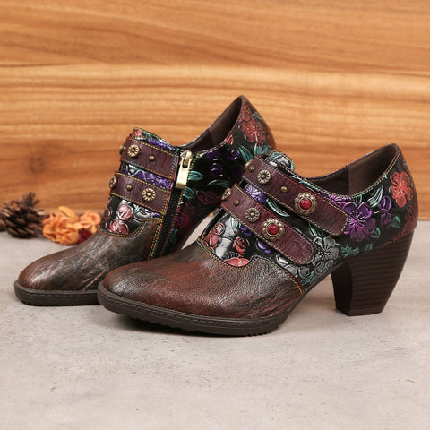 Retro Floral Embossed Square Toe Pumps
