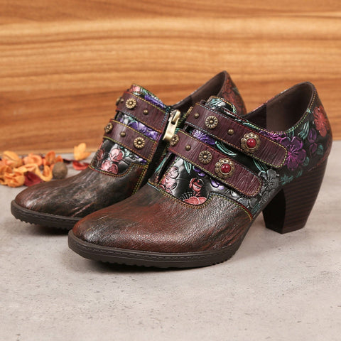 Retro Floral Embossed Square Toe Pumps